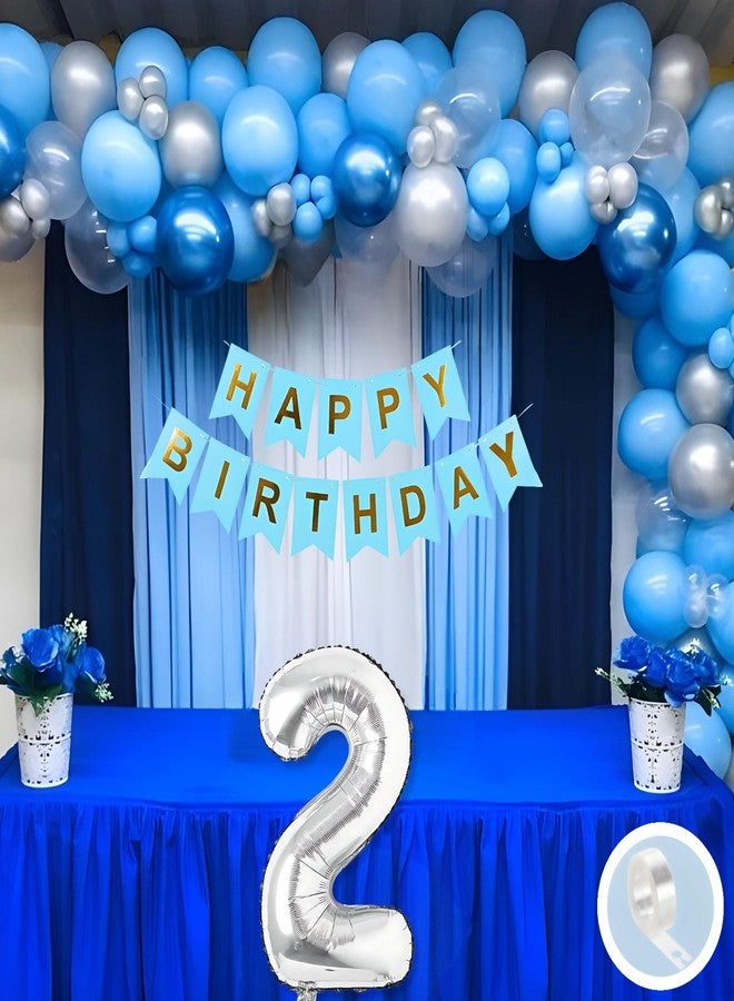 Flyloons 2nd Happy Birthday Decoration White and Blue Theme for Boys Girls Kids | 30 Pcs White Silver Color Balloons | Blue Happy Birthday Paper Banner | Arch Tape - Image 1